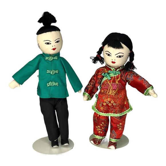 VTG Asian Japanese DOLLS 8" Embroidered Cloth Boy Girl Silk Kimono Top Pants - Picture 11 of 11